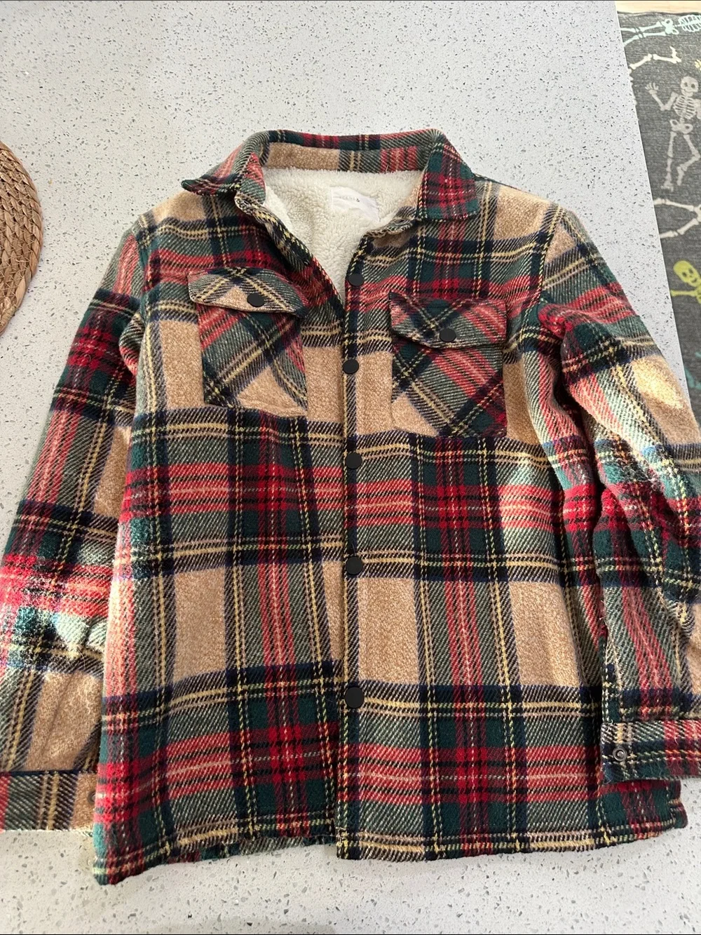Boys Plaid Sherpa-Lined Shacket Jacket - Red, Green, Tan